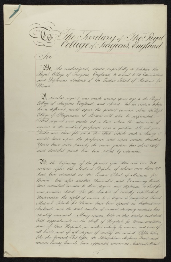 First page of a script petition "to the Secretary of The Royal College of Surgeons, England"